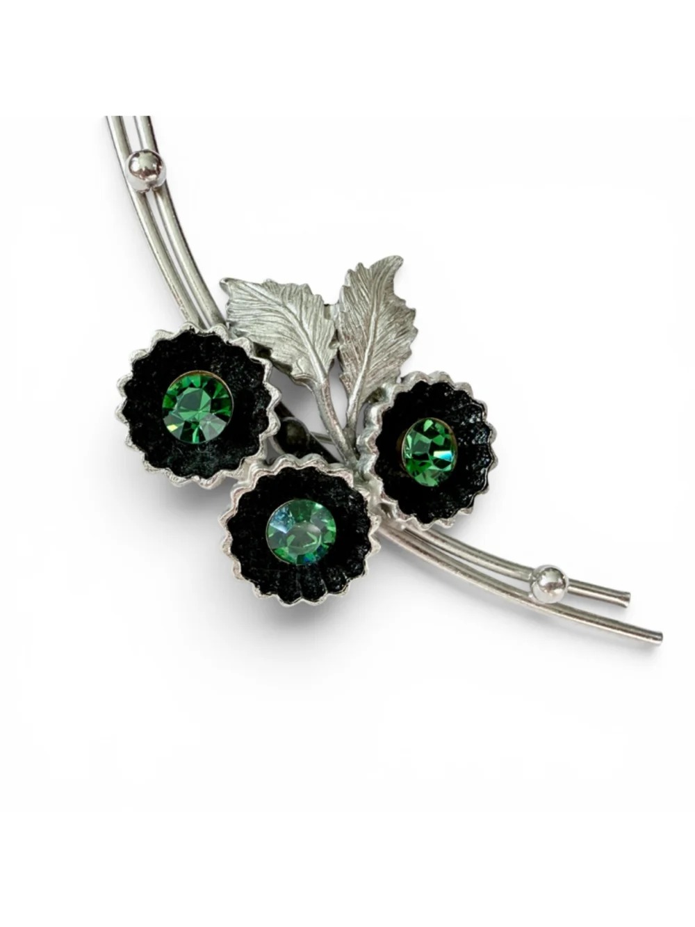 Vintage Green Rhinestone Flower Brooch Silver Tone Floral Spray Pin Black Enamel - Picture 5 of 8